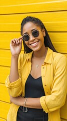 Smiling African-American woman in sunglasses standing by a bold yellow wall, promoting a seasonal sale with a gesture. 
