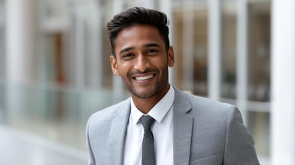 Portrait of a smiling South Asian male lawyer in a professional suit, standing in office. 