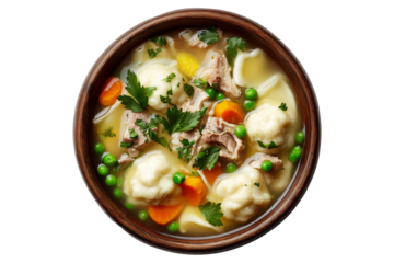Hot meat pork soup with vegetables and doughboys dumplings in wooden bowl, isolated on white transparent background, concept of New Zealand cuisine