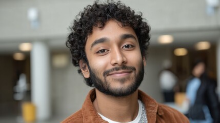 Positive South Asian student with curly hair, smiling and looking at the camera in a close-up portrait. 