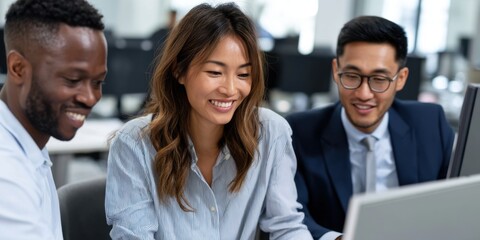 Positive teamwork scene with global professionals - Middle Eastern woman, Black man, Asian woman - analyzing financial data.