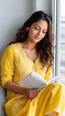 Pretty Indian woman relaxing with a book near a bright window in a comfortable modern interior. 