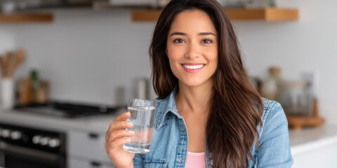 Smiling young Hispanic woman holding a glass of water and a pill in the kitchen. 