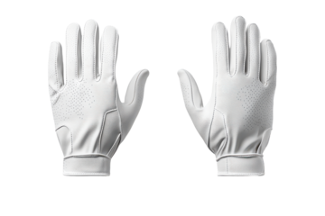 Pair of white golf gloves isolated on transparent background. Mockup of a white sporty golf gloves isolated on white background.