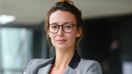 Professional French corporate leader woman, 35 years old, elegant in suit and glasses, standing in office, leadership portrait.