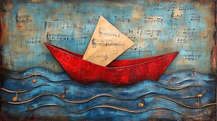 Paper boat sailing on musical notes