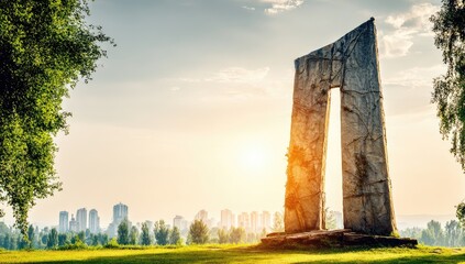 Massive stone archway in park at dawn