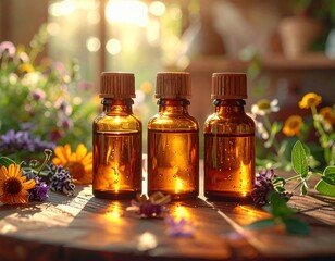 Three amber glass bottles filled with essential oils sit on a wooden surface, surrounded by colorful flowers and greenery, illuminated by warm sunlight.