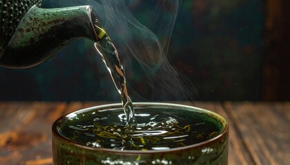 Close up of Chinese tea being poured into a delicate tea cup, golden liquid steaming gently, capturing the serene ritual, elegance, and calming ambiance against a soft bokeh background