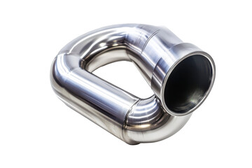Polished metal exhaust pipe bend isolated on transparent background. Stainless steel pipe isolated on white background, 3d rendering.