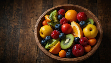 Photorealistic Rustic Fruit Bowl – Fresh Mixed Fruits with Vibrant Colors on Wooden Table