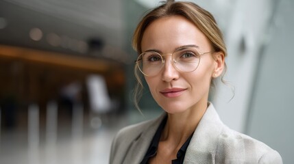 Stylish Slavic businesswoman, mid-30s, confident smile, formal wear with eyeglasses, looking at camera in modern workspace.