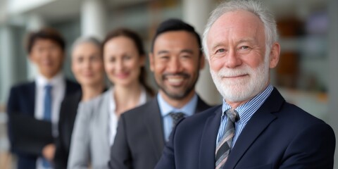 Smiling business team of different ethnicities with a senior executive leader in office setting. 
