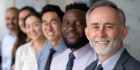 Smiling business team of different ethnicities with a senior executive leader in office setting. 