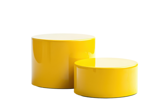 Yellow pedestal cylinders isolated on transparent background. Yellow pedestal cylinders of varying heights perfect for product display isolated on white background.