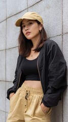 Trendy Gen Z Asian girl in stylish outfit and khaki cap posing against a wall. 