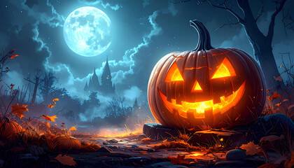Halloween pumpkin under the full moon with copy space