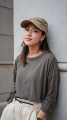 Stylish Asian girl with khaki cap and fashionable clothes, standing against a neutral wall. 
