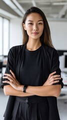 Young Asian female professional standing in the office, exuding confidence. 