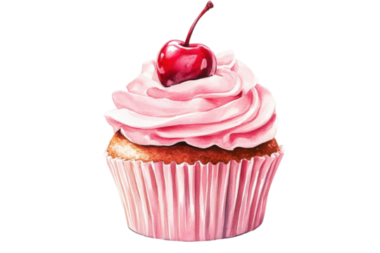 Delicious cupcake with pink frosting and cherry isolated on transparent background. Watercolor cupcake with cherry topping isolated on white background.