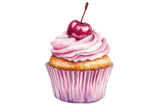 Delicious cupcake with pink frosting and cherry isolated on transparent background. Watercolor cupcake with cherry topping isolated on white background.