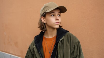 Young fashion model from Generation Z, dressed in trendy clothing and khaki cap, standing in front of a wall. 