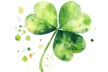 Green four leaf clover isolated on transparent background. Watercolor green four leaf isolated on white background.