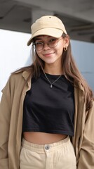 Teenage fashionista wearing a chic outfit and khaki cap, showing off Gen Z style. 