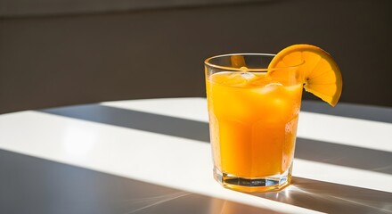 A refreshing glass of orange juice, complete with an orange slice garnish and ice, sits on a white surface, capturing the essence of a bright, sunny day and healthy living.