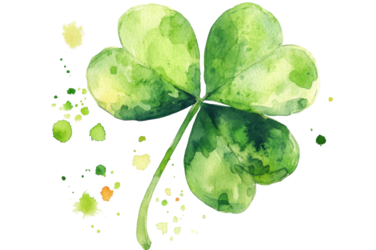 Green four leaf clover isolated on transparent background. Watercolor green four leaf isolated on white background.