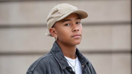 Young fashion model from Generation Z, dressed in trendy clothing and khaki cap, standing in front of a wall. 
