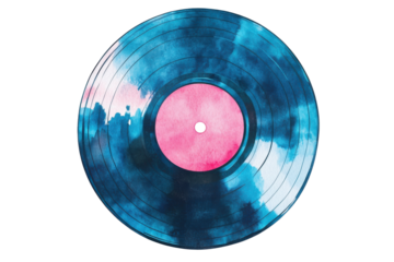 Abstract blue and pink vinyl record isolated on transparent background. Watercolor vinyl record with a pink label featuring a vintage and nostalgic design isolated on white background.