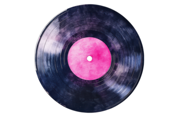 Abstract blue and pink vinyl record isolated on transparent background. Watercolor vinyl record with a pink label featuring a vintage and nostalgic design isolated on white background.