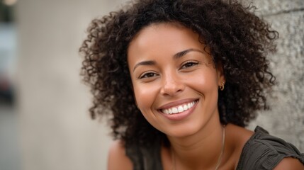 Young African-American woman, cheerful and smiling, with curly hair in a headshot portrait for product advertising.