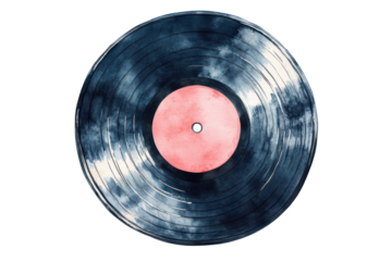 Abstract blue and pink vinyl record isolated on transparent background. Watercolor vinyl record with a pink label featuring a vintage and nostalgic design isolated on white background.