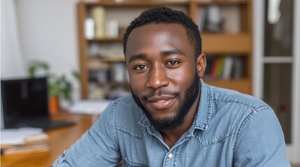 Young black adult man looking at the camera with a joyful expression in his home office. 