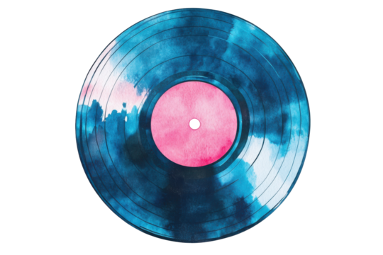 Abstract blue and pink vinyl record isolated on transparent background. Watercolor vinyl record with a pink label featuring a vintage and nostalgic design isolated on white background.