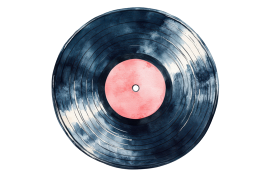 Abstract blue and pink vinyl record isolated on transparent background. Watercolor vinyl record with a pink label featuring a vintage and nostalgic design isolated on white background.