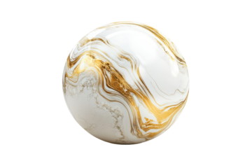 White and gold marble isolated on transparent background. White and gold sphere with flowing marble veins featuring smooth surfaces and intricate golden lines isolated on white background.