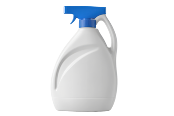 White spray bottle with blue trigger isolated on transparent background. White detergent bottle with blue cap suitable for laundry and cleaning tasks isolated on white background.