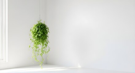 Fototapeta premium A vibrant green hanging plant flourishes in the corner of a bright white room, creating a fresh, minimalist, and modern atmosphere perfect for design inspiration and home decor.
