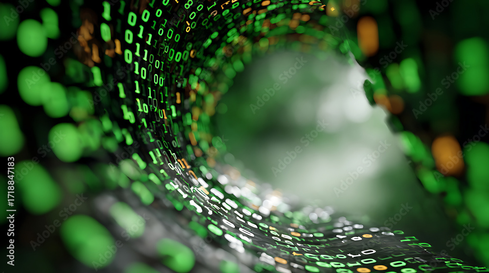 Wall mural a futuristic tunnel or pipeline created from a stream of glowing binary code, with a mix of green, w