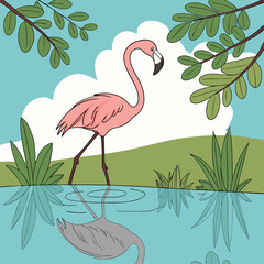 A charming illustration of a pink flamingo standing in shallow water with its reflection visible surrounded by lush green foliage and a soft blue sky with fluffy white clouds
