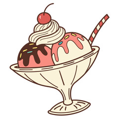 A delightful cartoon sundae with three scoops of ice cream whipped cream a cherry on top and a striped straw in a classic glass dish