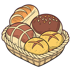 A delightful assortment of freshly baked breads and rolls artfully arranged in a rustic woven basket perfect for bakery or food related themes