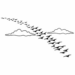 A flock of black birds in silhouette flies across a white sky with two stylized clouds on either side of the frame