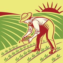 A farmer wearing overalls and a hat tends to young plants in a field under a rising sun in a stylized illustration