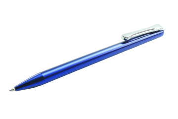 Elegant blue ballpoint pen with silver accents isolated on transparent background. Blue ballpoint pen with a shiny silver clip isolated on white background, 3d rendering.
