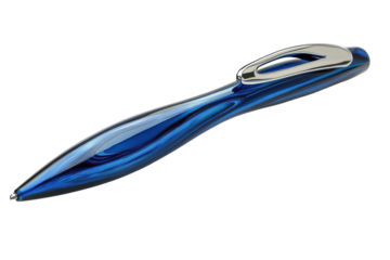 Elegant blue ballpoint pen with silver accents isolated on transparent background. Blue ballpoint pen with a shiny silver clip isolated on white background, 3d rendering.