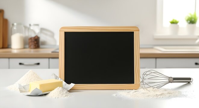 Blank chalkboard sign with baking ingredients and whisk on kitchen counter, ready for recipe or menu message.